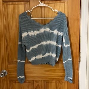 Women’s Cropped Blue and White Stripper Off the Shoulder Sweater